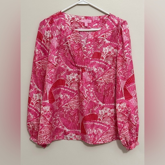 Lilly Pulitzer Tops - Lilly Pulitzer Womens Oversize XS 100% Silk Long Slv Top Pink Asian Fans Vibrant